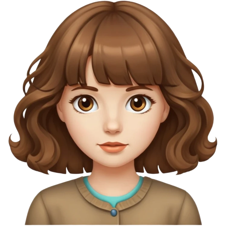 Caucasian girl with brown blunt bangs and big wavy hair emoji