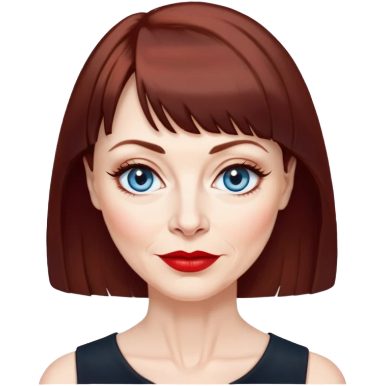 Woman in her late 50s with pale skin, wider face, more pronounced wrinkles, blue eyes with eyeliner, thin eyebrows, small nose, red lipstick, dark auburn hair with bangs, wearing a black top emoji