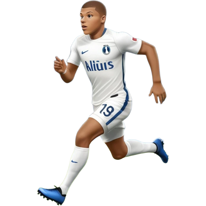 An icon showing Kylian Mbappé running with the ball on a football field during a match. The design captures his speed and focus, with dynamic motion lines and a vibrant background of the field and stadium lights. Transparent background emphasizes the action. emoji