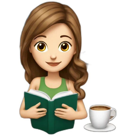 white-girl-brown-hair-reading-a-book-with-cappuccino emoji
