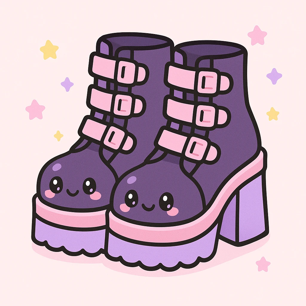 Add pastel pink and pastel purple accents to the BLACKPINK-inspired gothic shoes, keep them cute and stylish, kawaii style, no hearts. emoji
