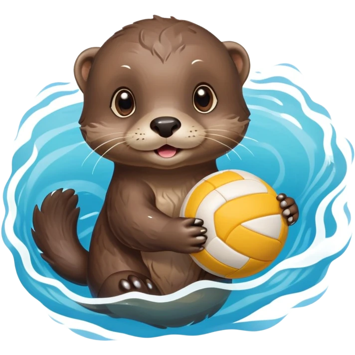 super cute baby otter floating on clearly visible blue water with waves, tiny baby otter with big eyes holding a volleyball with both small paws above water emoji