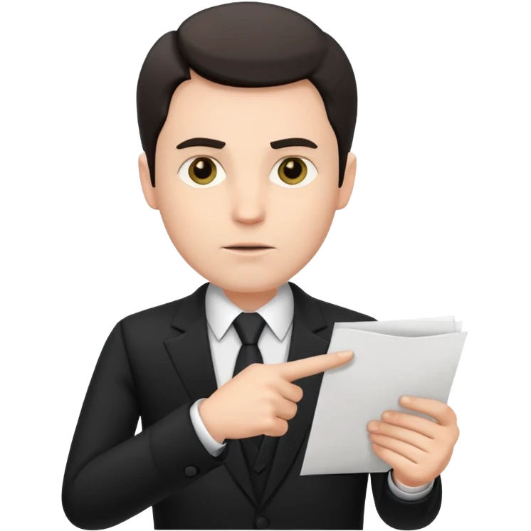 A white man in a black suit stands with a serious face and points at his hand holding papers. emoji