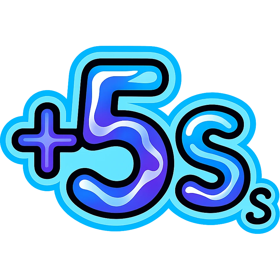 '+5s' symbol with cosmic liquid metal effect in purple and blue tones, 's' subscript, electric blue neon glow border emoji