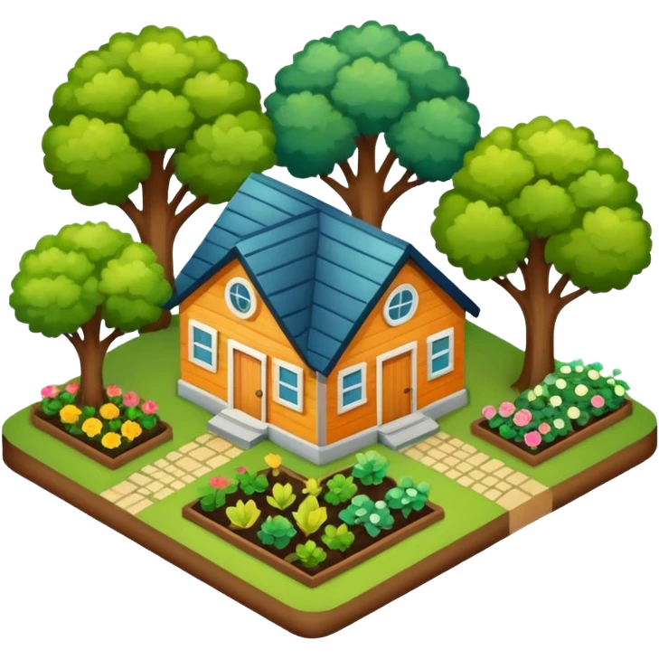 An icon featuring a local map, symbolizing local gardening. The design includes a different trees, and 1 tiny wooden house, shrubs, beds. Transparent background emoji