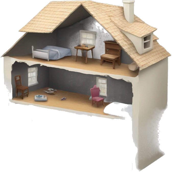 A broken-down dollhouse with a doll sitting inside, lifeless and blank-eyed emoji