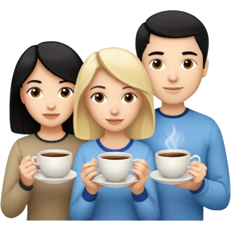 One blond white woman, one black hair white woman and one dark blond white man with tea cups each emoji