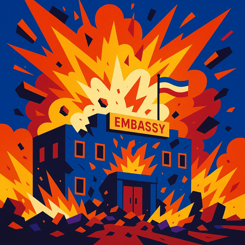 an embassy in mid-explosion, fire and rubble, energetic illustration, vibrant colors emoji