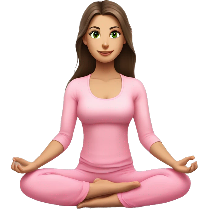 Brunette long hair and green eyes yoga beautiful girl in light pink pink pink clothes sitting on a yoga mat emoji