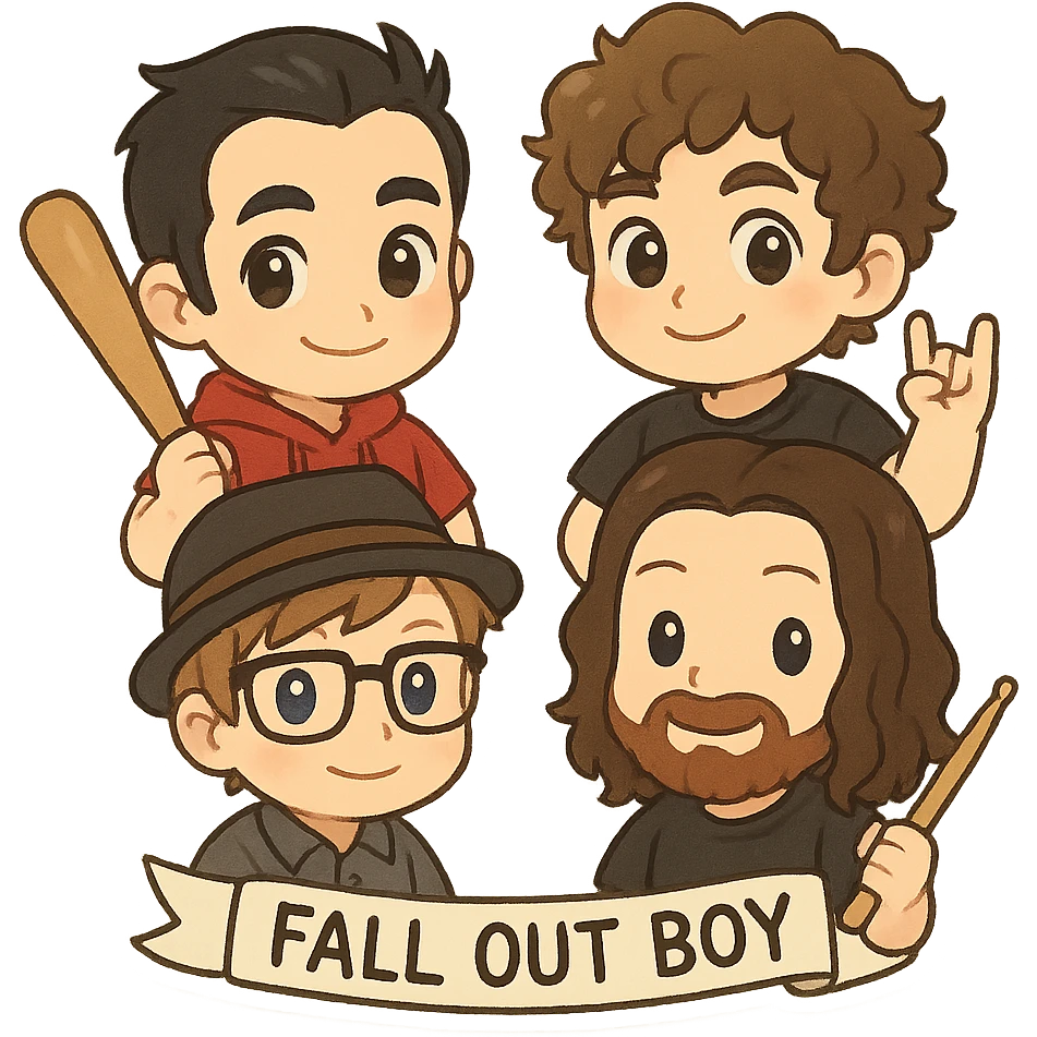Fall Out Boy band as chibi stickers, cute and exaggerated features, each member with a unique accessory emoji