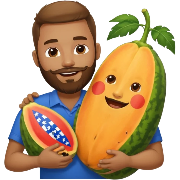 A very happy papaya hugging a curly hair man with a beard and Dominican flag on his shirt   emoji