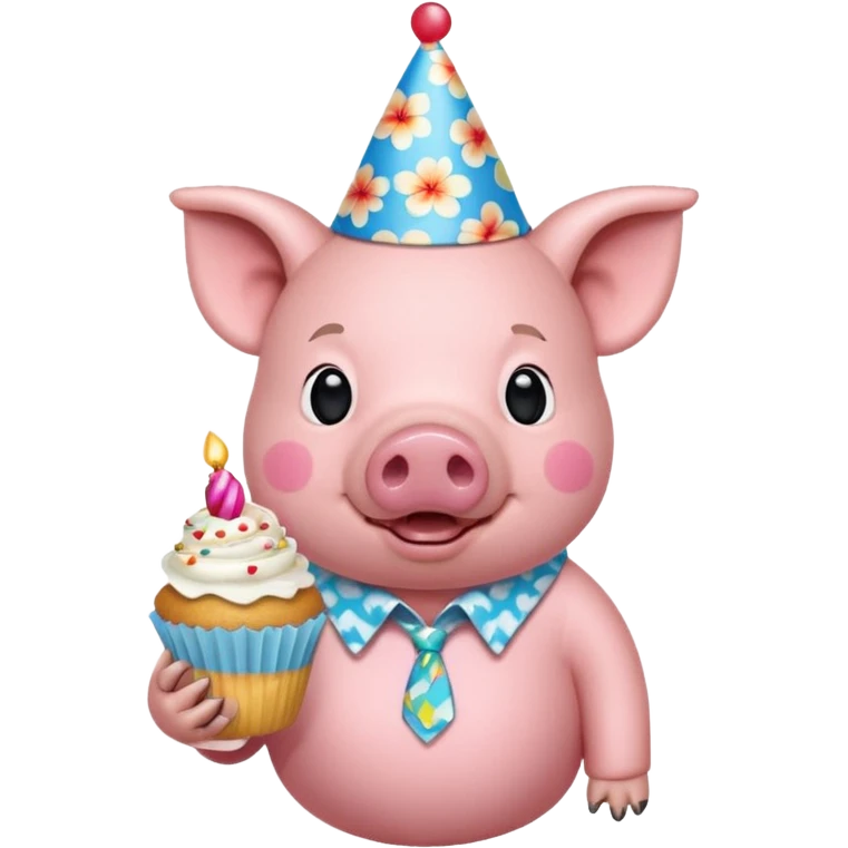 Pig with aloha shirt, birthday hat, holding a cupcake emoji