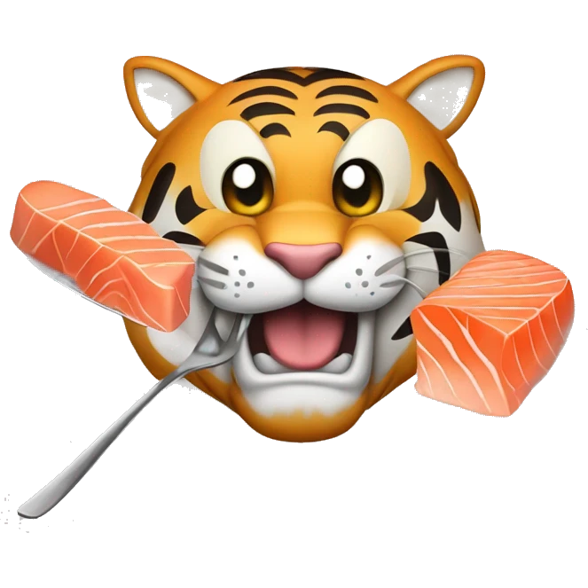 a muscular grinning tiger holding a fork poking into a fillet of salmon with the tip of its paws emoji