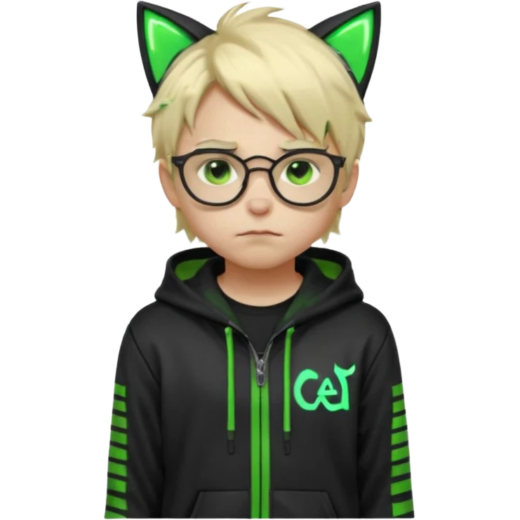 Light blond, slightly messy hair
Black glasses
A black hoodie with cat ears
Neon green details on the jacket and pants (glowing lines and stripes)
An overall hacker / cyberpunk style look
A neutral facial expression (boy )eyes brown) the hood with ears emoji