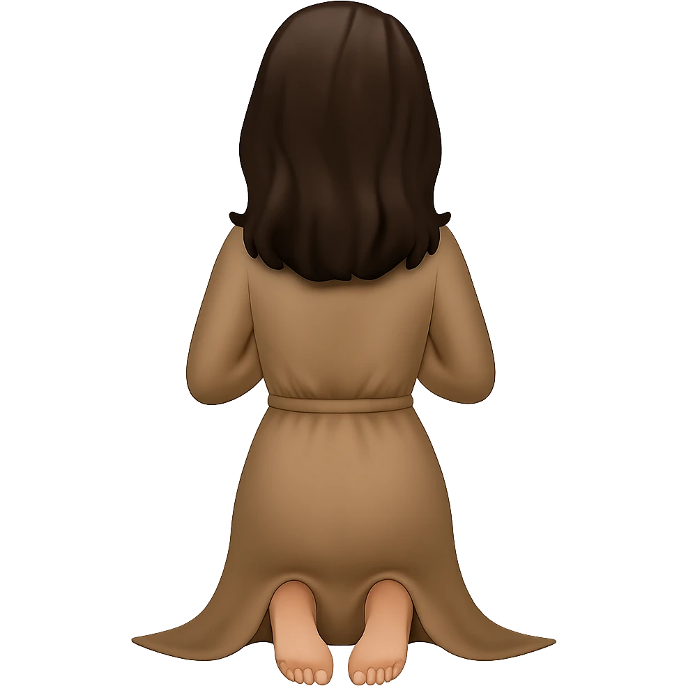 Create a woman kneeling and praying from the back view, with her feet visible and out behind her, wearing a long tan dress, with dark brown hair, matching the body figure of the reference image. The style should resemble emoji style. Remove the background. emoji