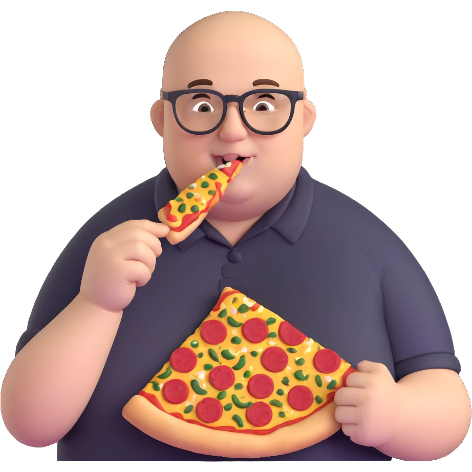 very fat bald man with glasses eating pizza emoji