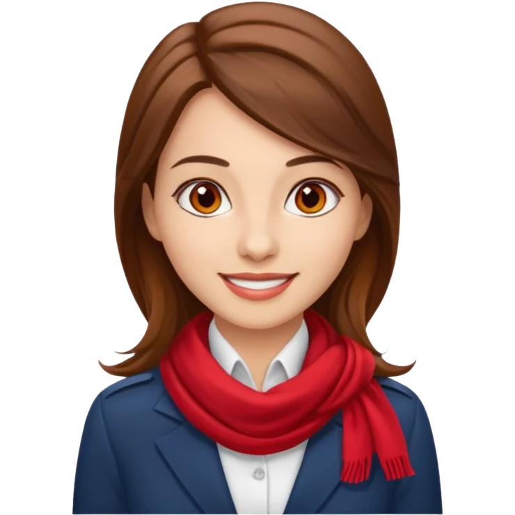 Female flight attendant, with red scarf, white shirt, long brown hair, brown eyes, iOS emoji-type face, fair skin,  emoji
