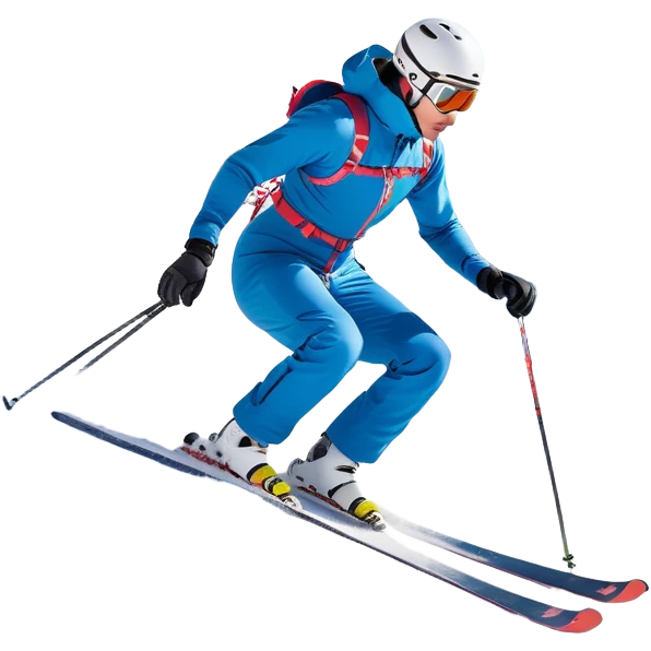 A skier gliding down a snowy mountain slope. The skier is in a dynamic downhill stance—knees bent, body leaning forward, arms slightly out for balance. The skis are parallel, leaving thin tracks in the fresh snow. The mountain has a gentle slope with scattered pine trees in the background. The scene conveys motion and speed, with a light spray of snow kicked up at the edges of the skis. emoji