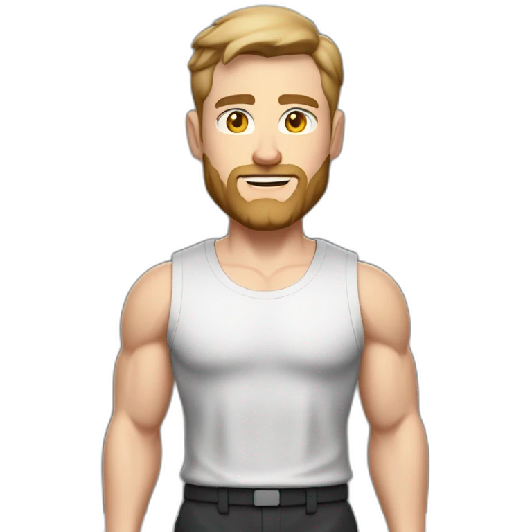 Full height Pale skinned fit man With biceps, Realistic eyes and mouth, light brown hair and stubble In dark gray sleeveless mike, black oversize sports shorts, watch and white sneakers. emoji