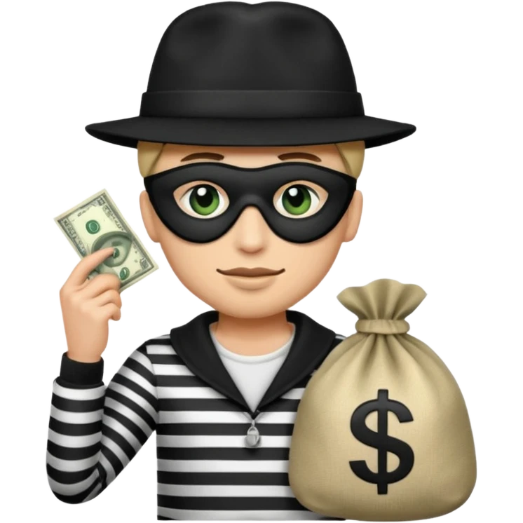 Emoji De Ladron Antifaz En Los Ojos,Gorro Negro,Ropa Con Rayas Negras Y Blancas Y Una Bolsa De Dinero Con El Símbolo Version Hombre emoji