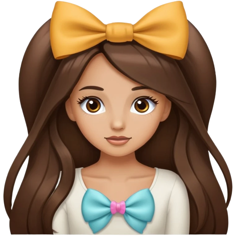 long hair brunette tan girl with bow with eyelashes emoji