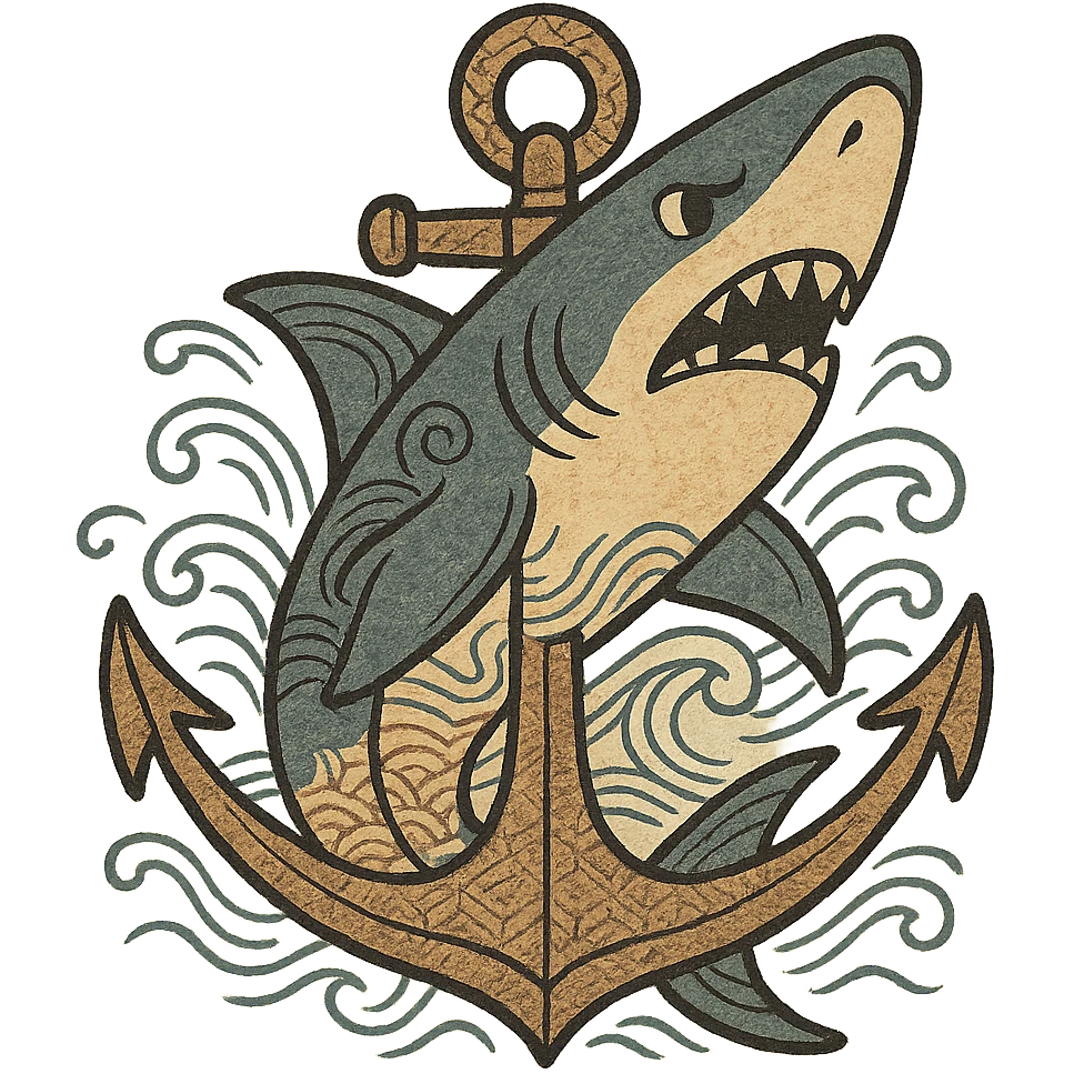 ukiyo-e inspired cartoon illustration of a shark anchor emoji