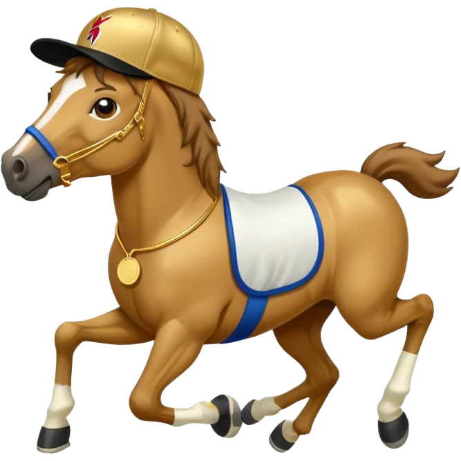 friendly anthropomorphised horse in RUN DMC style outfit, gold medal, baseball hat emoji