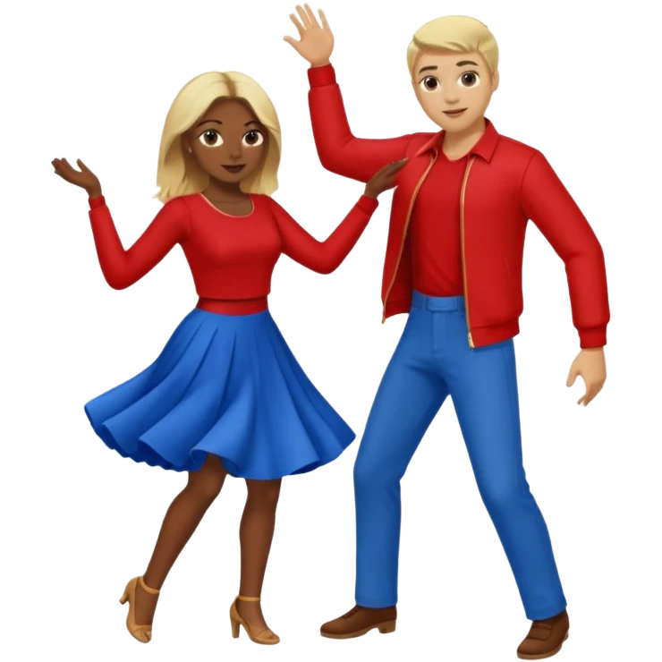 Two people  conservative people dancing. A man wearing red with light skin and blonde hair. A women wearing bue with dark skin and brown hair. emoji