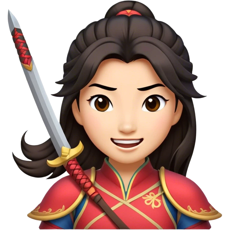 Cinematic Playful Mulan Portrait Emoji, Mid-laugh with a strand of hair falling over her face, adjusting her armor, eyes full of adventure, exuding an irresistible mix of beauty and fun, the perfect blend of warrior and princess! emoji