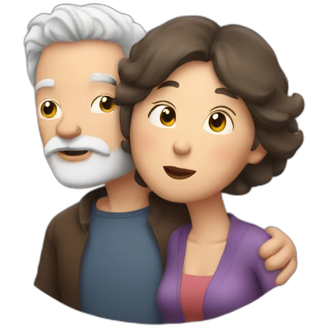Man with gray hair and white beard kisses a woman with dark brown hair emoji
