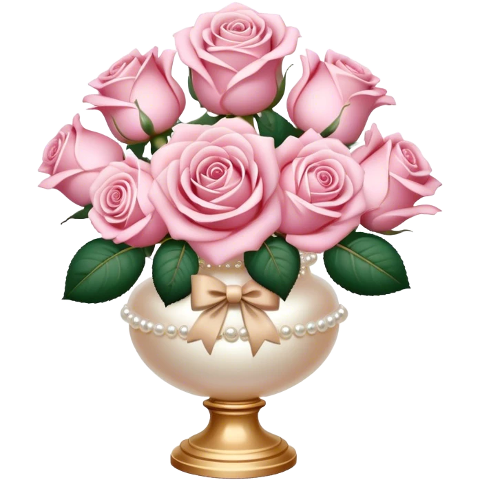 Realistic aesthetic powder pink rose bouquet  in a pearl vintage vase and a beige bow with gold decoration  emoji
