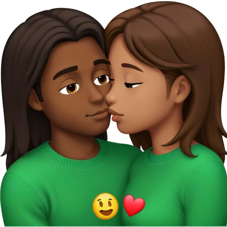 Young guy very slightly dark skin and with black slightly long hair kissing a young woman with brown hair and  green sweater with the emoji made s there is no part that is cut off emoji