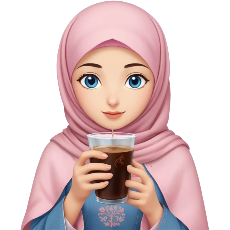 Turkish beautiful finish Konya girl blue eyes with light pink denim hijab islamic dress and had on her hand sakura blossoms in cold brew coffee  emoji