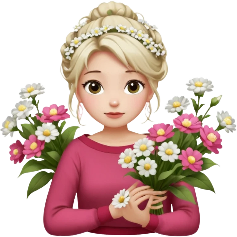 a girl  sitting  near various bouquets of flowers , white and pink flowers . She is holding a single white flower up to her face, Her hairstyle is slightly messy updo, with a few soft strands falling around her face, . She wears a red off-shoulder cardigan and a white long skirt. emoji