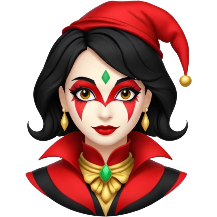 Jester woman, black and red suit, black hair, white and black make up emoji