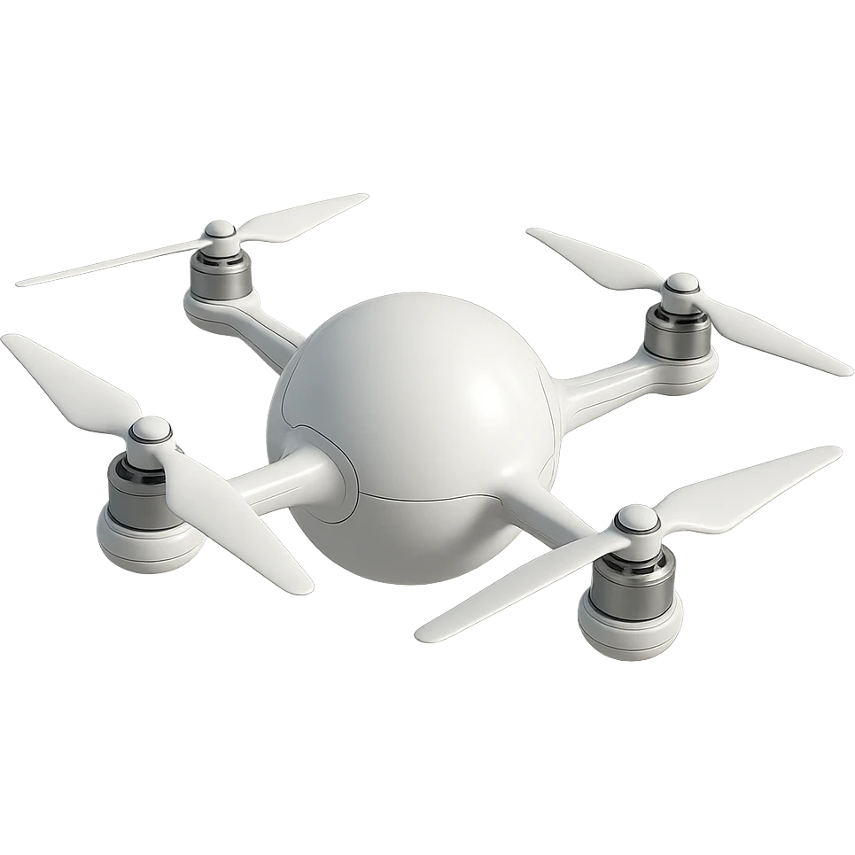 futuristic white drone with a perfect ball as the main body, propellers attached directly to the sphere, no logo emoji