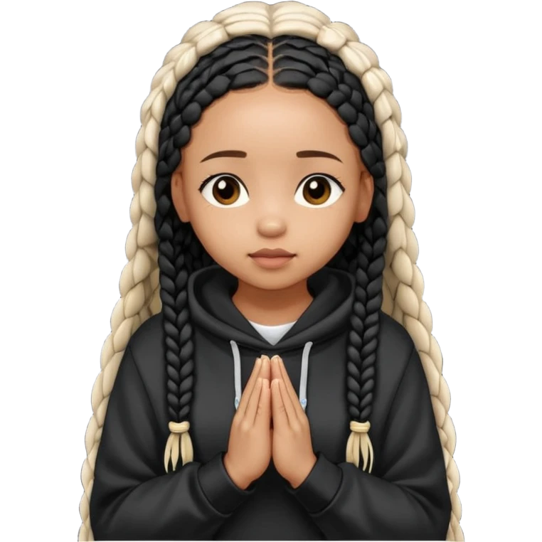 African American girl light skin with long black box braids and plain black hoodie with prayer hands emoji