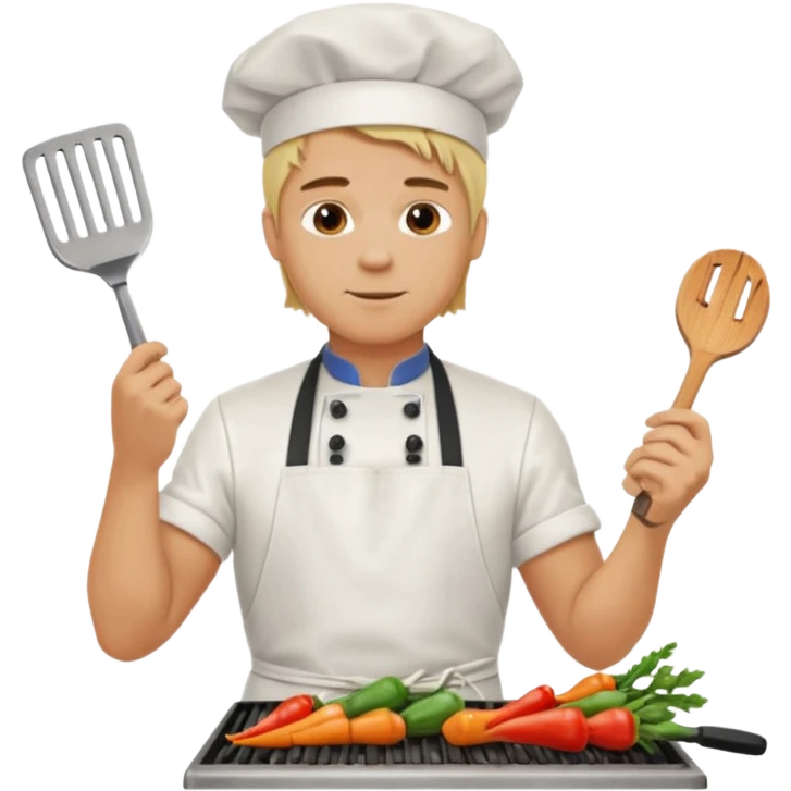 man with tied blond hair and and a white apron grilling vegetables on a sizzling grill emoji