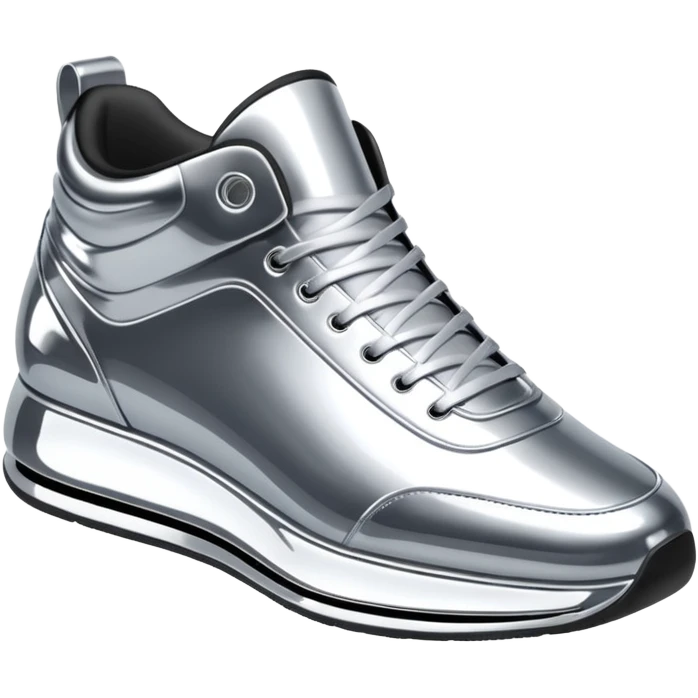 A pair of futuristic sneakers emoji made of silver chrome, sleek streetwear design, smooth metallic panels, subtle reflections, luxury swag aesthetic, iOS emoji style, centered, clean white background emoji