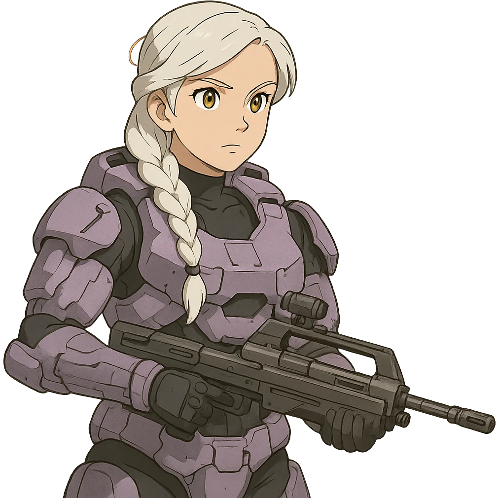 female, wearing reach spartan armor default, long white braid hair, gold yellow eyes, attention pose, halo series, no helmet, the armor is lavender color scheme, shoulder pad off. DDD bust size fitting. Punk gothic cyberpunk, brandishing a dmr emoji