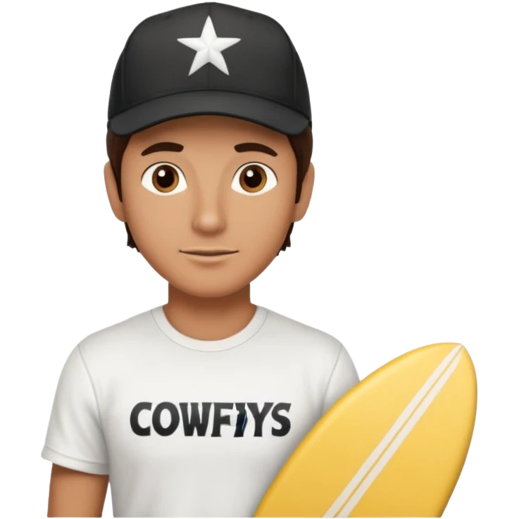 Male brunette movie producer black baseball hat that says surfing cowboys with white tshirt emoji
