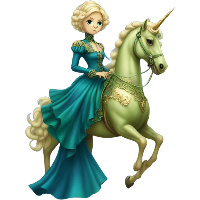 "galora green blonde alien woman" in blue Victorian dress elegant, full body, on gold unicorn emoji
