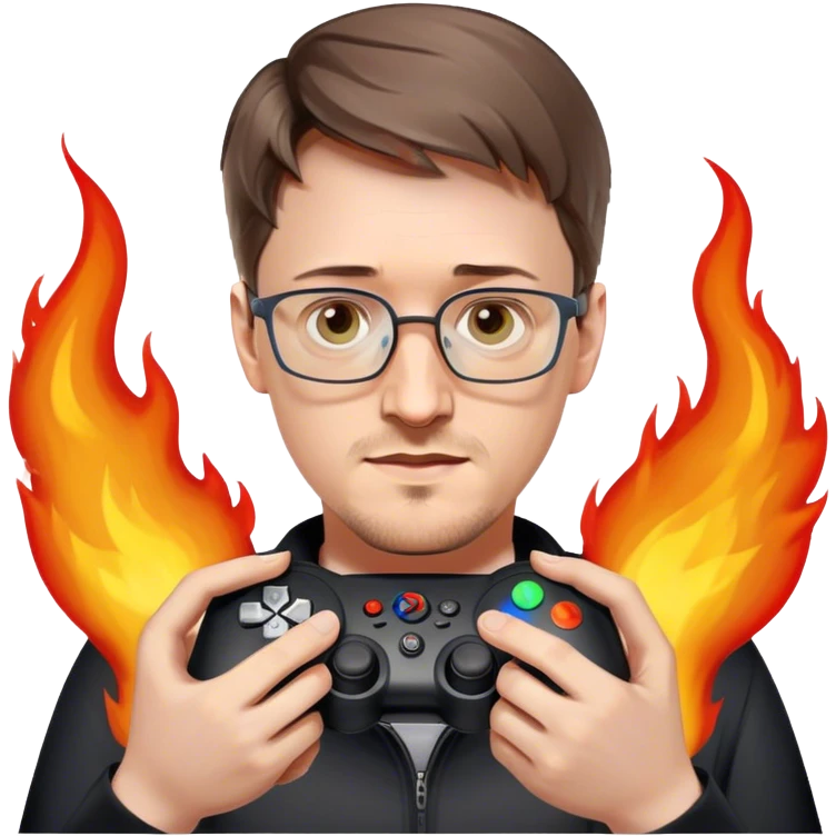 Edward Snowden holding out a gaming controller in one hand in front of him that is on fire  emoji