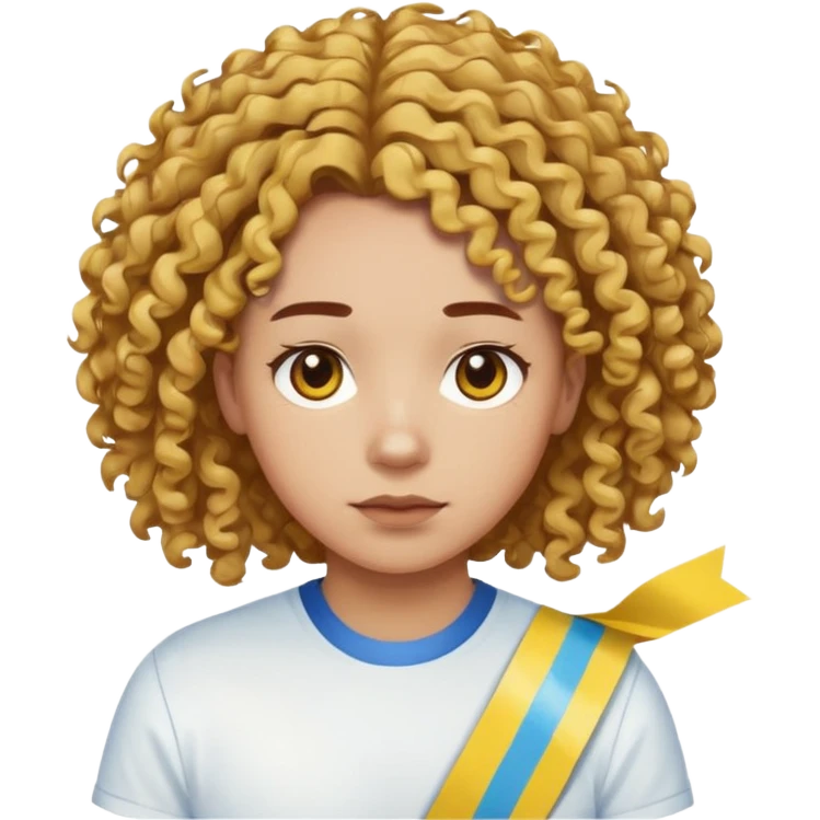 Make me an emoji that has a guy with a white shirt and yellow tape around the shirt with brown and blue spots hair make the hair curly make the yellow tape go around it emoji