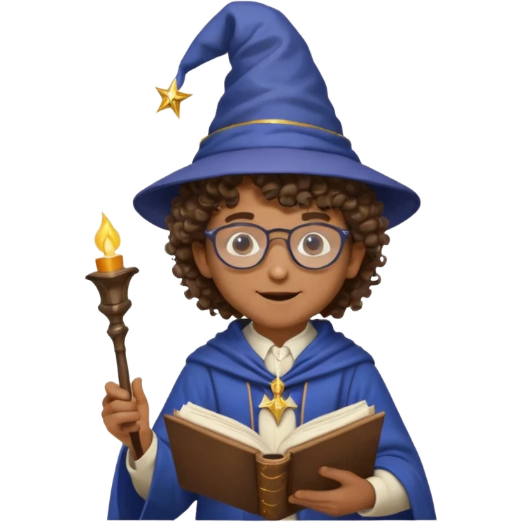 A Joyful Child Male with Brown skin and Curly hair, wearing a Traditional outfit, a Wizard hat, Sunglasses, carrying a Spellbook, working as a farmer, while drinking Coffee and reading a Textbook. emoji