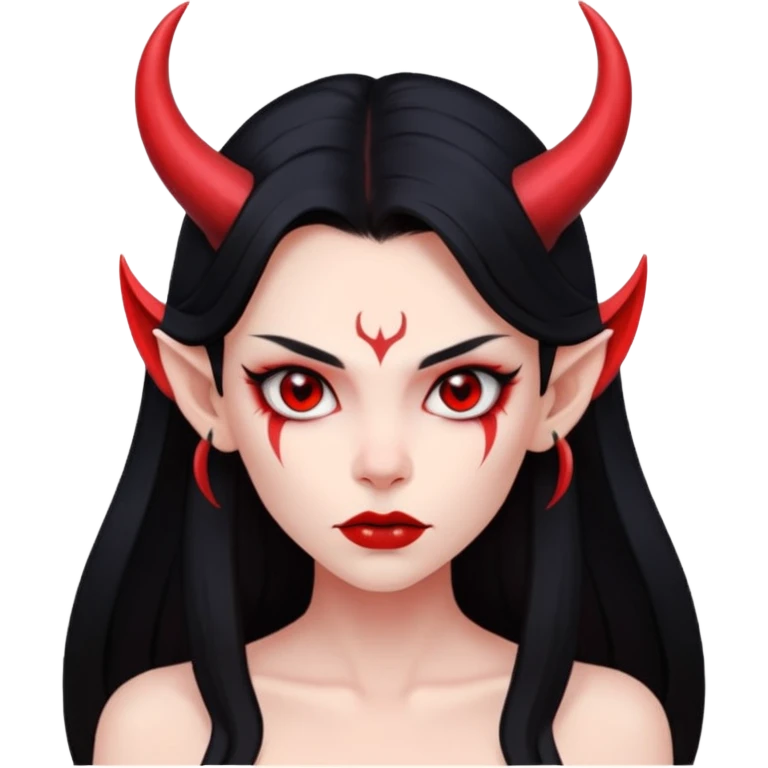 Head only demon girl, strong pronounced cheekbones, sharp angular jawline, skin fully pure red everywhere, long straight sleek black hair, small ho emoji