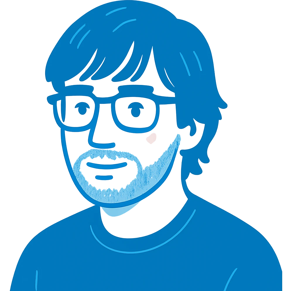 A thoughtful man with rectangular glasses, fashionably tousled longer hair with trendy bangs that frame the face nicely, a naturally round face, and a slightly wider nose. Use bright azure blue for all main features and line work, minimal pink highlights only on the cheeks, and light gray tones only for the neat short beard and subtle shadows. emoji