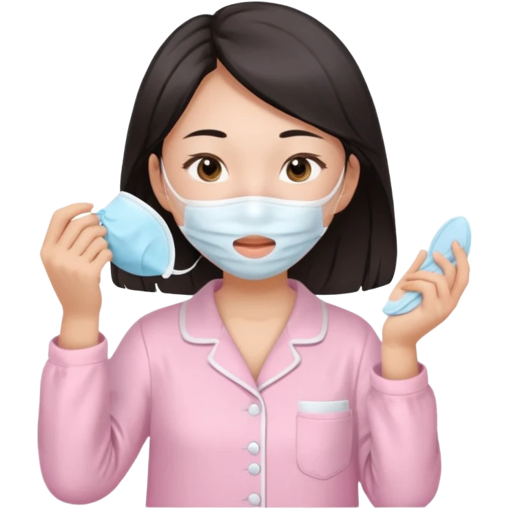 angelic asian girl doing skin care in baby pink pajamas, applying mask to her face emoji