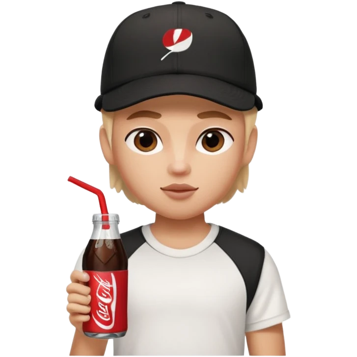 generate a pretty bratz boy with a nike black baseball cap, a white tshirt and drinking coke  emoji