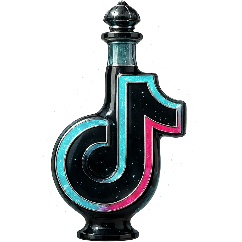 prabangus eliksyro buteliukas, TikTok logotipo forma, juoda ir žydra su rožiniais akcentais, sidabrinės ir holografinės detalės, dar daugiau magiškų efektų, labai mažas kaklelis, vientisas dugnas, skaidrus fonas, buteliukas plūduriuoja ore, be pagrindo ar šešėlio, modernus, kolekcijai tinkamas emoji